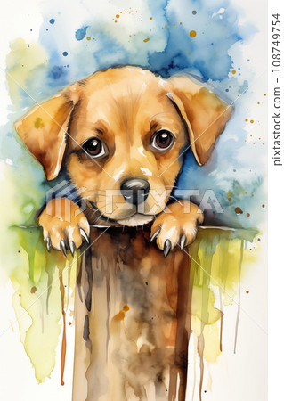 Puppy watercolor background. Cute adorable puppy card Puppy watercolor background. Cute adorable puppy card 108749754