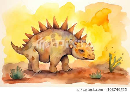 Stegosaurus dinosaur watercolor background. Cute adorable stegosaurus card Stegosaurus dinosaur watercolor background. Cute adorable stegosaurus card 108749755