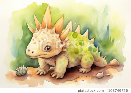 Stegosaurus dinosaur watercolor background. Cute adorable stegosaurus card 108749756