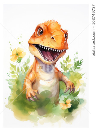 T-rex dinosaur watercolor background. Cute adorable T-rex card 108749757