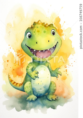 T-rex dinosaur watercolor background. Cute adorable T-rex card T-rex dinosaur watercolor background. Cute adorable T-rex card 108749759