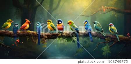 Tropical birds sitting on a tree branch in the rainforest Tropical birds sitting on a tree branch in the rainforest 108749775