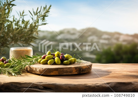 Old wooden table for product display with natural green olive field and green olives Old wooden table for product display with natural green olive field and green olives 108749810