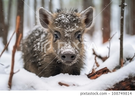 Young wild pig in forest with snow. Wild boar, Sus scrofa. Wildlife animal in the nature habitat 108749814