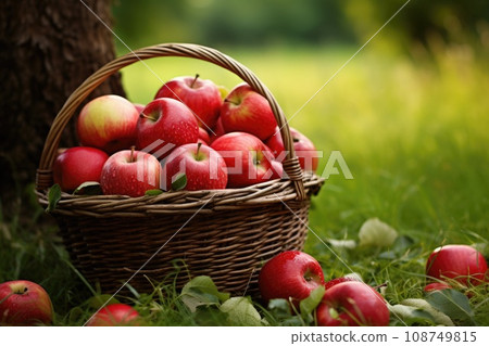 Red apples with wicker basket in the grass Red apples with wicker basket in the grass 108749815