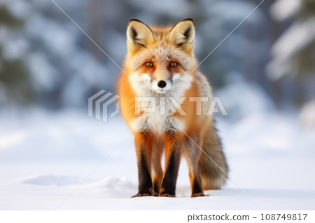 Furry animal red fox, vulpes vulpes, on snow in winter 108749817
