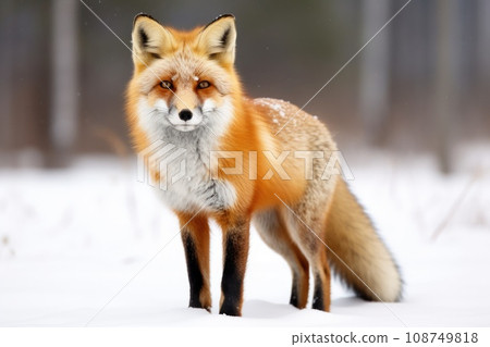 Furry animal red fox, vulpes vulpes, on snow in winter 108749818