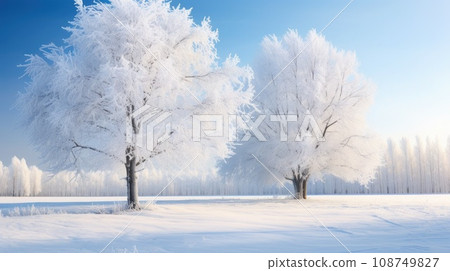 Trees covered with hoarfrost. Beautiful winter landscape with snow covered trees 108749827