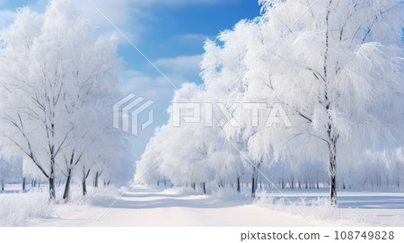 Trees covered with hoarfrost. Beautiful winter landscape with snow covered trees 108749828