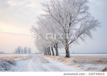 Winter walking path and trees covered with hoar frost. 108749829