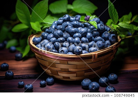 Freshly picked blueberries and blueberry leaves in a basket Freshly picked blueberries and blueberry leaves in a basket 108749845