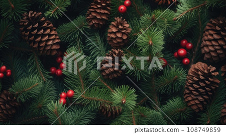 Christmas decorative wide border. Fir branches with red berries and pine cones. Christmas decorative wide border. Fir branches with red berries and pine cones. 108749859