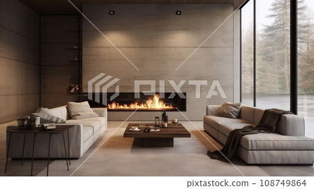 Minimalist interior style of modern living room with sofa, fireplace and concrete walls Minimalist interior style of modern living room with sofa, fireplace and concrete walls 108749864