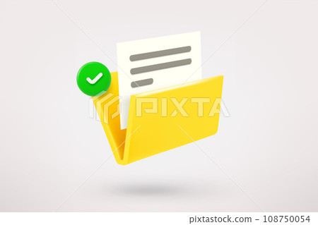 Yellow document folder with green checkmark. 3d vector icon Yellow document folder with green checkmark. 3d vector icon 108750054