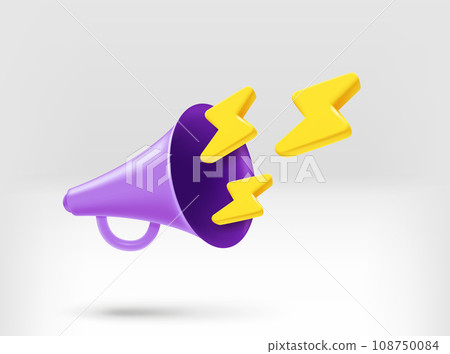 Breaking news concept. Bullhorn with golden thunderbolt. 3d vector illustration 108750084