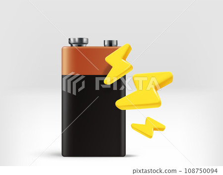 Charging concept. Battery with golden thunderbolts. 3d vector illustration Charging concept. Battery with golden thunderbolts. 3d vector illustration 108750094