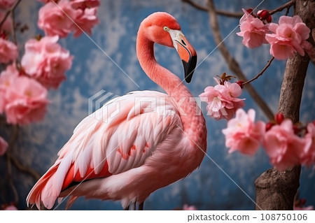 Pink flamingo with exotic flowers 108750106