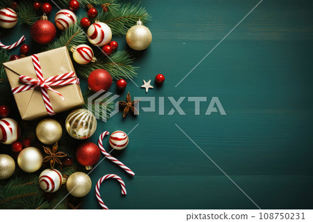 Christmas balls, presents, pine branches and cones on wooden background 108750231