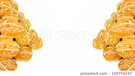 Biscuits isolated on white. Collage. Wide photo. Free space for text. 108750247