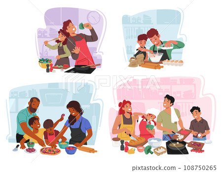 In A Warm Kitchen Parents And Kids Characters Collaborate Joyfully, Mixing, Stirring, And Bonding Over Delicious Recipes 108750265
