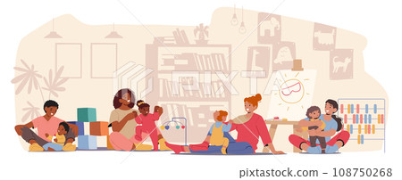 Loving Mother Characters Joyfully Interacts With their Adorable Babies On The Floor, Sharing Precious Moments Of Play 108750268