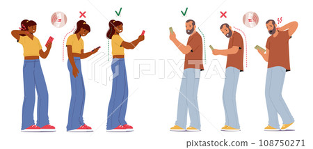Characters With Mobiles Perform Wrong Posture, Hunched Over Phones, Causing Neck Pain. Correct Posture 108750271