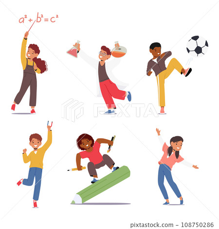 Children Learn School Subjects Such As Geometry, Physics, Chemistry Science, Music, Painting, And Sport 108750286