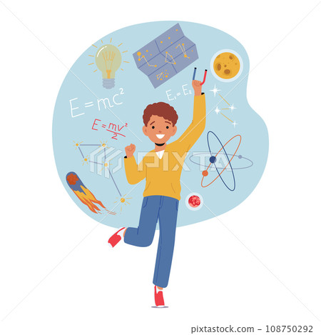 Curious Boy Character Delves Into Physics And Astronomy, Studying Stars, Planets And The Mysteries Of The Universe Curious Boy Character Delves Into Physics And Astronomy, Studying Stars, Planets And The Mysteries Of The Universe 108750292