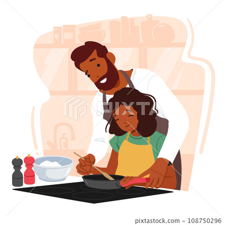 In A Cozy Kitchen, A Father Patiently Guides His Daughter Through The Art Of Cooking. Characters Sharing Precious Moment 108750296