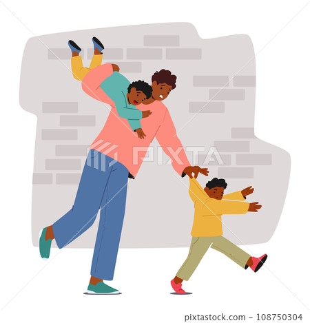 Weary Black Father Character Carries His Kid on Shoulder and Holding another One On A Bustling Street 108750304