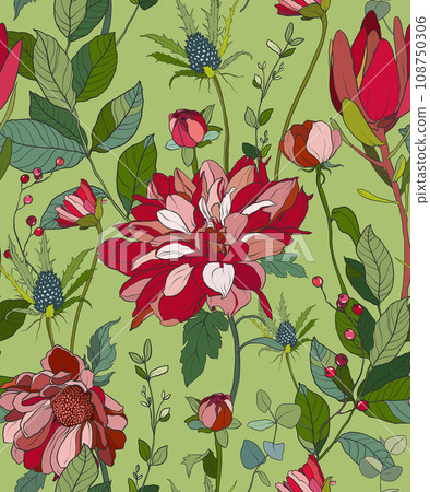 Vector floral seamless pattern of red and pink chrysanthemum. Hand painted flowers illustration isolated on green background. For design, print, fabric or background. 108750306