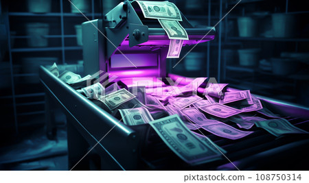 Printing Money Dollars Of Usa Bills On A Print Press Machine In Typography In Neon Light Finance, Tax, Stock Market And Investment, Making Money Concept. Inflation Or Crysis. Ai Generated 108750314