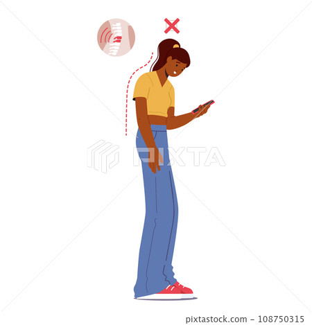 Black Female Character Hunched Over Their Phone With A Curved Neck, Experiencing Discomfort And Neck Pain 108750315