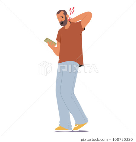 Male Character Feel Discomfort due to Wrong Posture. Man Hunches Over His Phone, Causing Neck Pain From Improper Pose 108750320