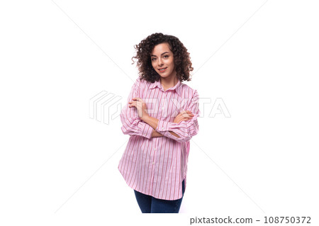 young successful businesswoman dressed in a striped pink shirt isolated on white background 108750372