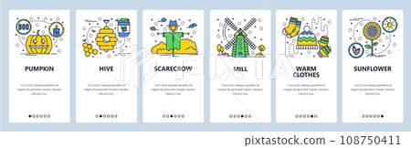 Vector web site linear art onboarding screens template. Farm, garden, mill, sunflower. Menu banners for website and mobile app development. Modern design flat illustration. Vector web site linear art onboarding screens template. Farm, garden, mill, sunflower. Menu banners for website and mobile app development. Modern design flat illustration. 108750411