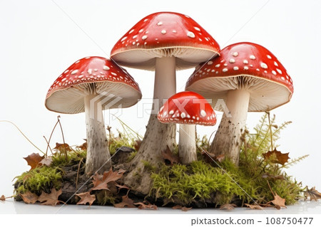 Fly agarics with grass and leaves on light background. Fly agarics with grass and leaves on light background. 108750477