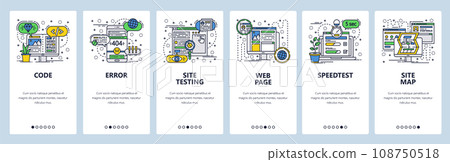 Vector web site linear art onboarding screens template. Web development, coding and testing, sitemap, speed test. Menu banners for website and mobile app development. Modern design flat illustration. 108750518