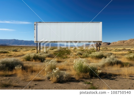 Billboard in the dry field with an empty white space for text on a background of mountains and sky Billboard in the dry field with an empty white space for text on a background of mountains and sky 108750540