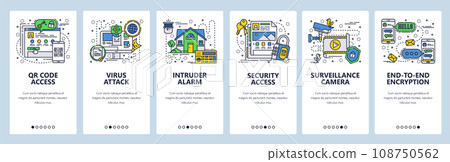 Vector web site linear art onboarding screens template. Security access and encrypted messaging. Menu banners for website and mobile app development. Modern design flat illustration. 108750562