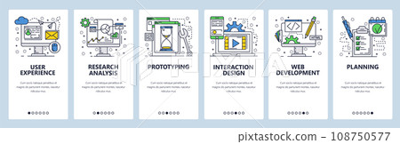 Vector web site linear art onboarding screens template. User experience, prototyping and web development. Menu banners for website and mobile app development. Modern design flat illustration. Vector web site linear art onboarding screens template. User experience, prototyping and web development. Menu banners for website and mobile app development. Modern design flat illustration. 108750577