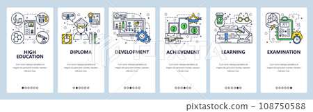 Vector web site linear art onboarding screens template. High school and college education. Menu banners for website and mobile app development. Modern design flat illustration. 108750588