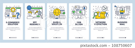 Vector web site linear art onboarding screens template. Business mail and global solutions. Menu banners for website and mobile app development. Modern design flat illustration. 108750607