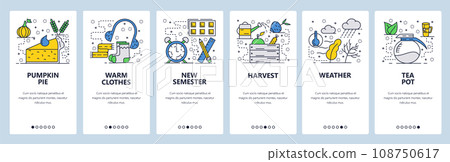 Vector web site linear art onboarding screens template. Harvest, college semester, pumpkin pie, weather. Menu banners for website and mobile app development. Modern design flat illustration. 108750617