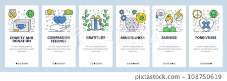 Vector web site linear art onboarding screens template. Human fellings, sadness, mindfulness, forgivness. Menu banners for website and mobile app development. Modern design flat illustration. 108750619