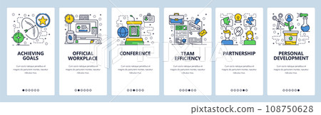 Vector web site linear art onboarding screens template. Business golas, office computer and desk, conference. Menu banners for website and mobile app development. Modern design flat illustration. Vector web site linear art onboarding screens template. Business golas, office computer and desk, conference. Menu banners for website and mobile app development. Modern design flat illustration. 108750628