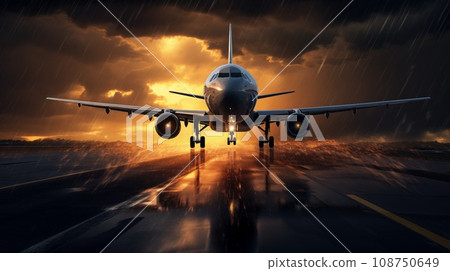 An airplane on the runway takes off during a thunderstorm. An airplane on the runway takes off during a thunderstorm. 108750649