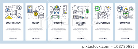 Vector web site linear art onboarding screens template. Business plan and company money flow. Menu banners for website and mobile app development. Modern design flat illustration. Vector web site linear art onboarding screens template. Business plan and company money flow. Menu banners for website and mobile app development. Modern design flat illustration. 108750655