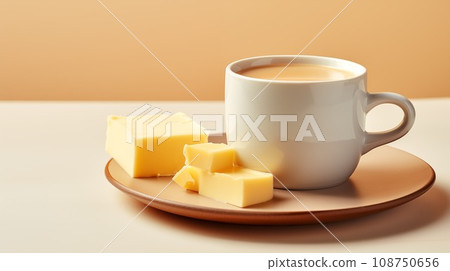 A small white cup of coffee stands next to a piece of butter. New drink - coffee with butter. A small white cup of coffee stands next to a piece of butter. New drink - coffee with butter. 108750656