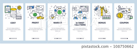 Vector web site linear art onboarding screens template. Money flow and company cost, profit and income. Menu banners for website and mobile app development. Modern design flat illustration. Vector web site linear art onboarding screens template. Money flow and company cost, profit and income. Menu banners for website and mobile app development. Modern design flat illustration. 108750662